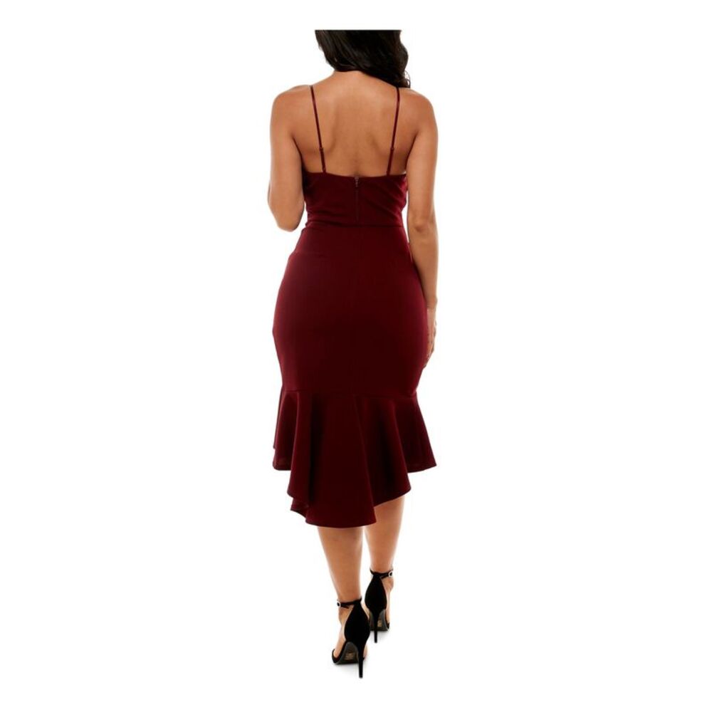 EMERALD SUNDAE Womens Burgundy Shirred Side Front Hem Midi Dress S - Picture 2 of 4